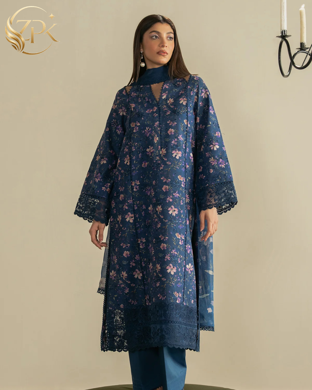 AYZEL-3PC LAWN PRINTED EMB SHIRT WITH SILK PRINTED DUPATTA AND DYED TROUSER-ZPK-053