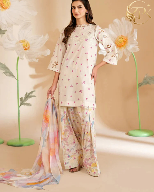 IZNIK-3PC LAWN PRINTED EMB SHIRT WITH SILK PRINTED DUPATTA AND PRINTED TROUSER-ZPK-052
