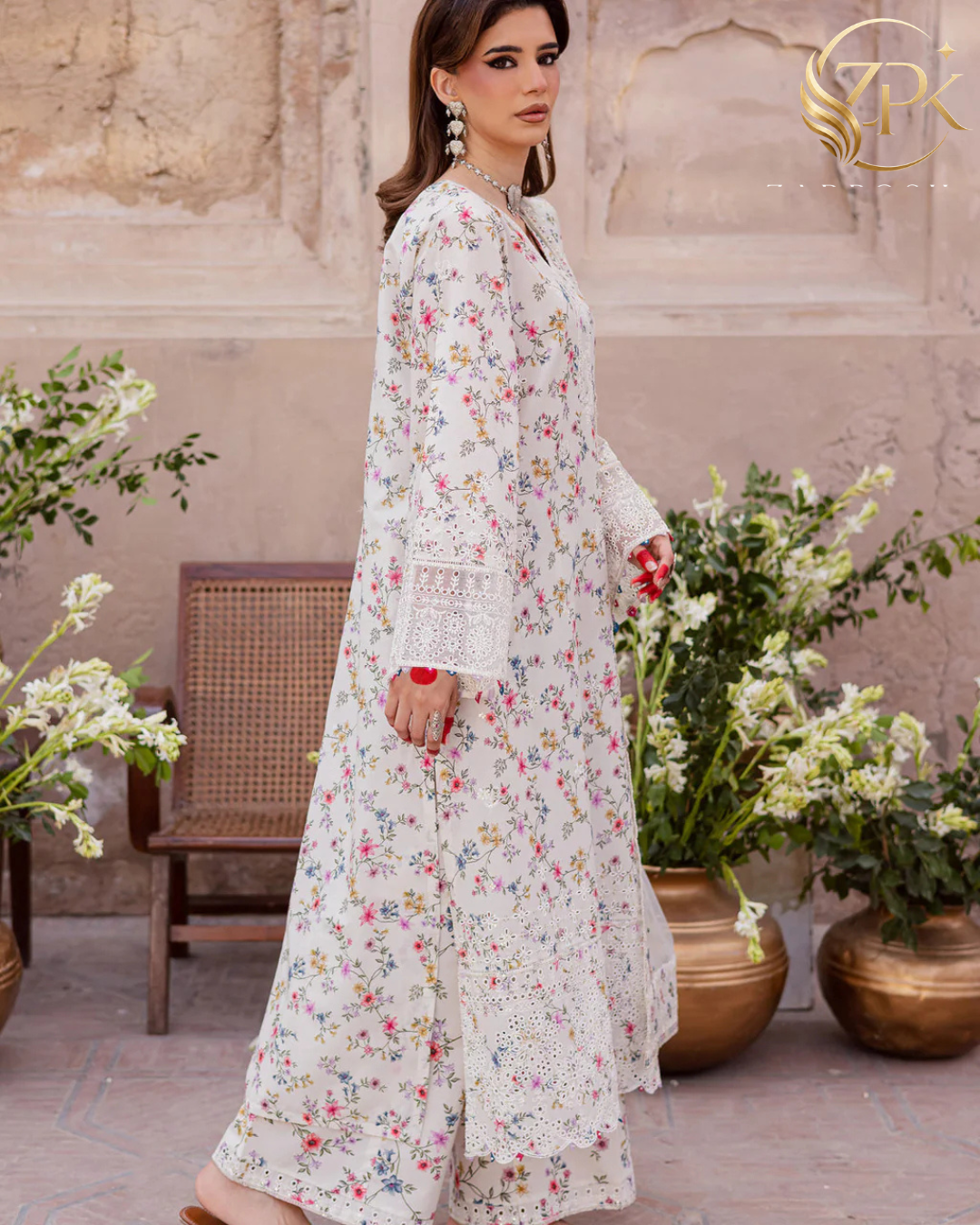 BATIK-3PC LAWN SCHIFFLI EMBROIDERED PRINTED SHIRT WITH ORGANZA EMBROIDERED DUPATTA AND PRINTED TROUSER-ZPK-015