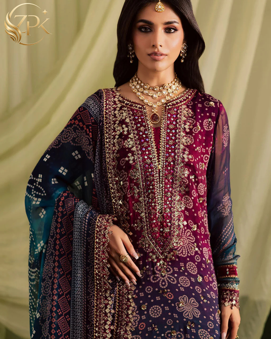NUREH-3PC LAWN DIGITAL PRINTED EMBROIDERED SHIRT WITH CHUNRI PRINTED EMB DUPATTA AND DYED TROUSER-ZPK-018