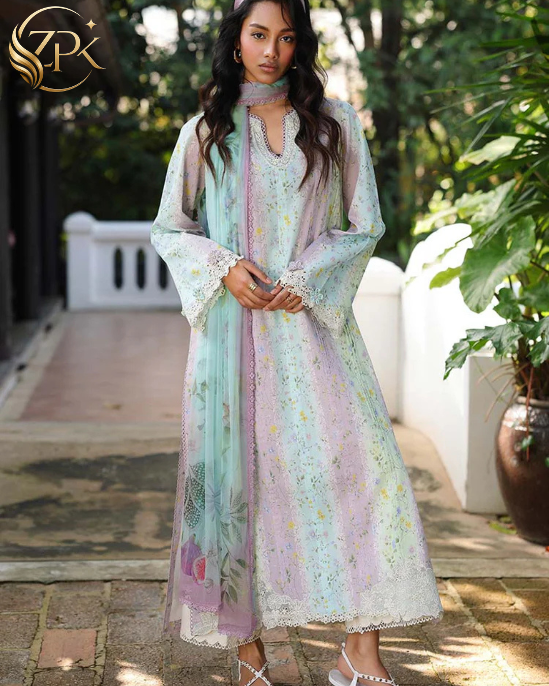 QALAMQAR-3PC LAWN PRINTED EMB SHIRT WITH SILK PRINTED DUPATTA AND TROUSER-ZPK-042