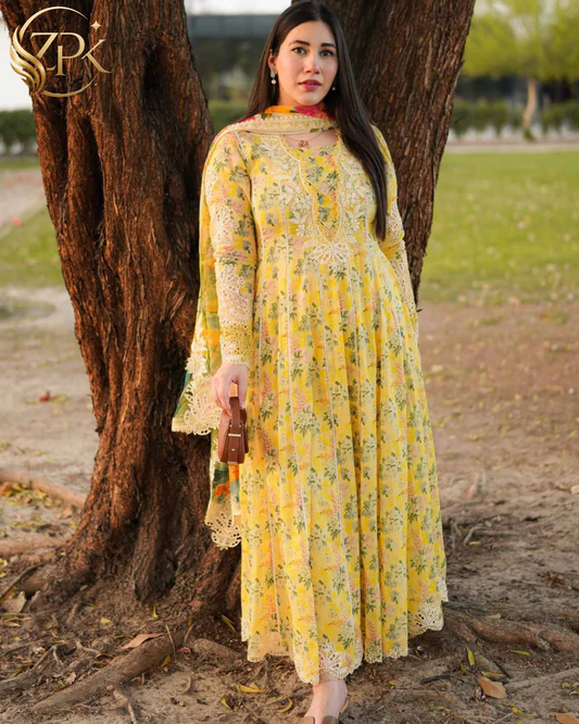 ANEELAS-3PC LAWN PRINTED EMB FROCK WITH SILK PRINTED EMB DUPATTA AND DYED TROUSER-ZPK-038