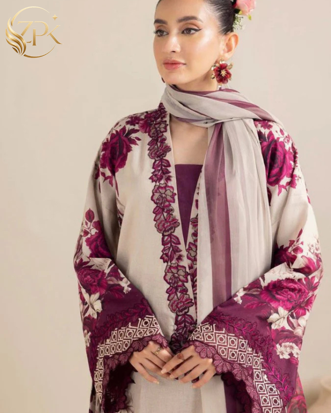 ADAN LIBAS-3PC LAWN PRINTED EMB SHIRT WITH LAWN PRINTED DUPATTA AND PRINT TROUSER-ZPK-059