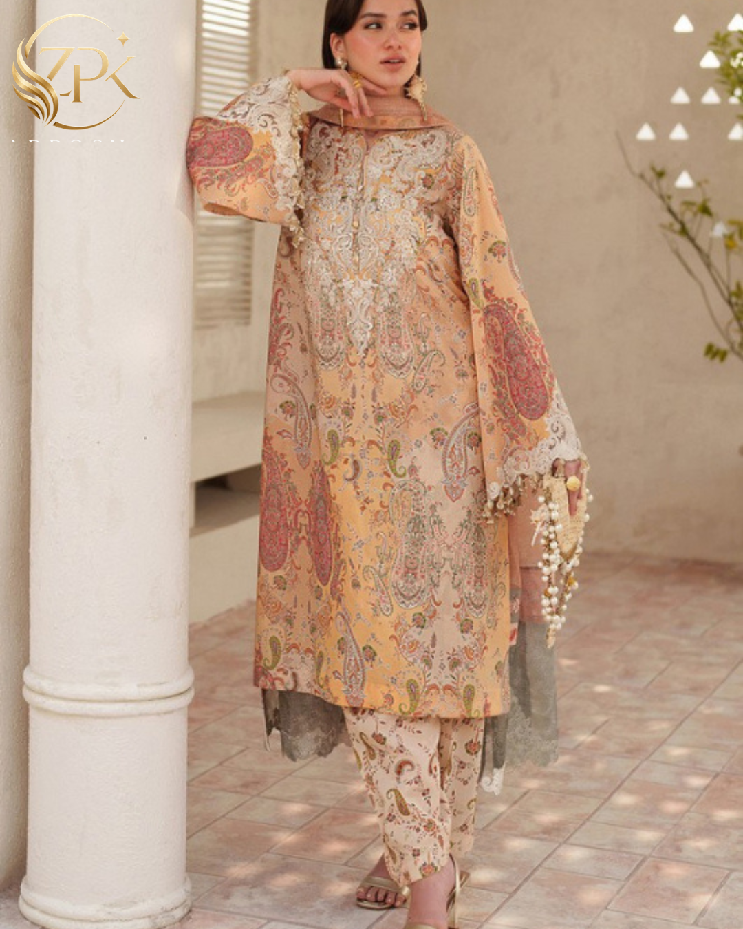 BAROQUE-3PC LAWN DIGITAL PRINTED EMB SHIRT WITH SILK PRINTED EMB DUPATTA AND PRINTED TROUSER-ZPK-014