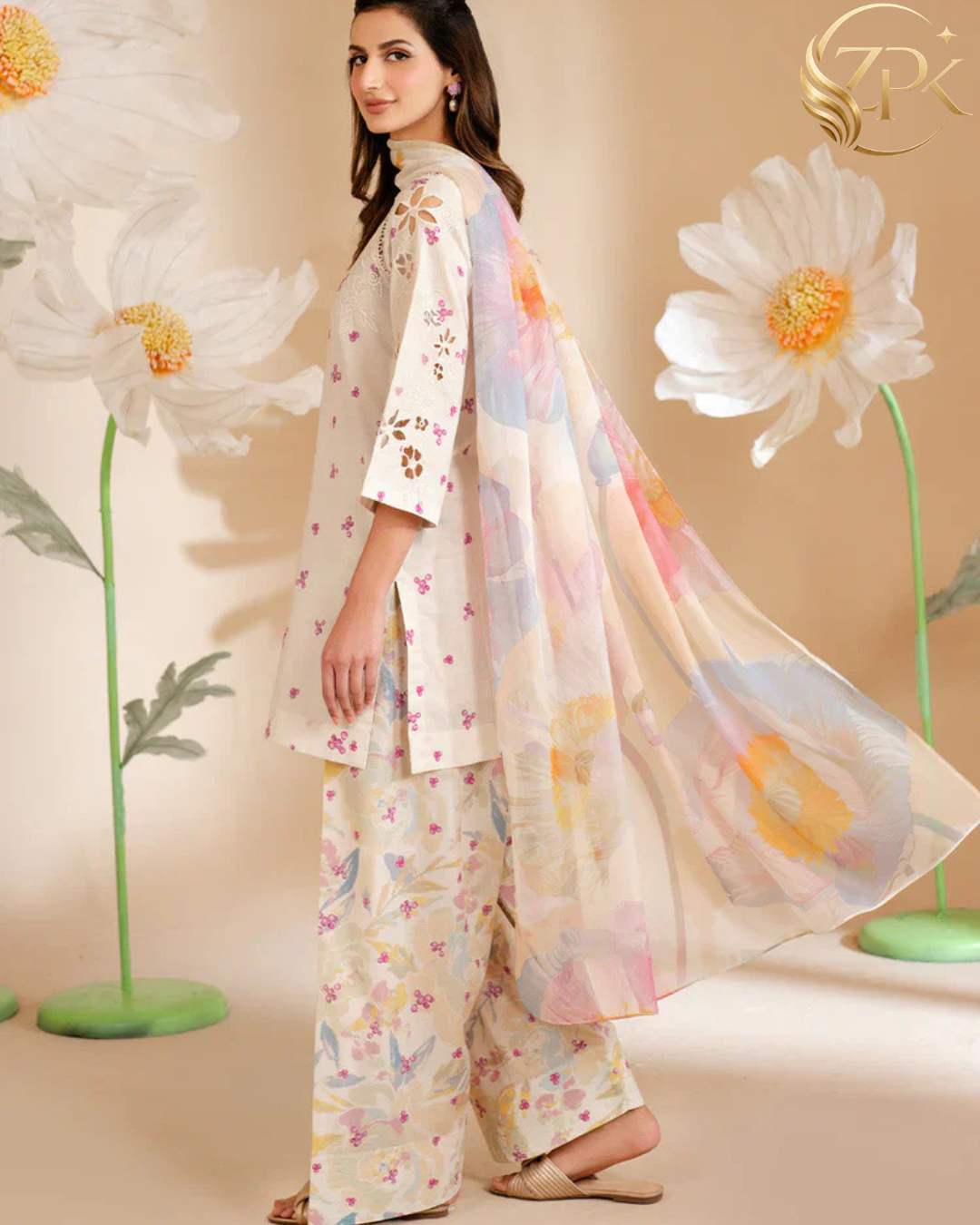 IZNIK-3PC LAWN PRINTED EMB SHIRT WITH SILK PRINTED DUPATTA AND PRINTED TROUSER-ZPK-052