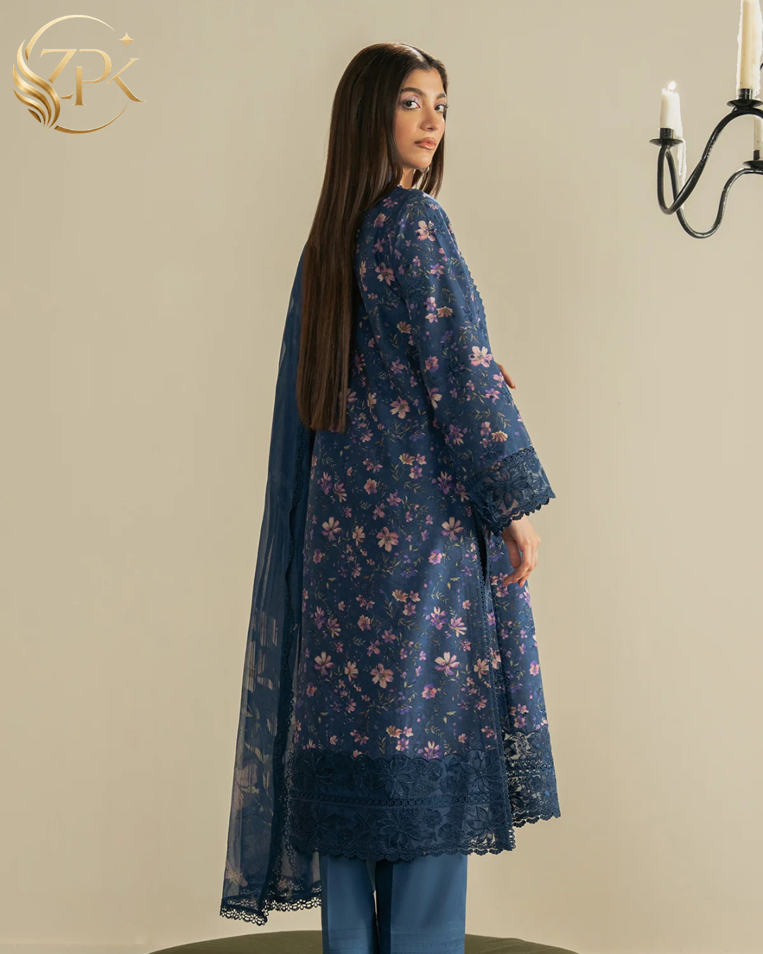 AYZEL-3PC LAWN PRINTED EMB SHIRT WITH SILK PRINTED DUPATTA AND DYED TROUSER-ZPK-053