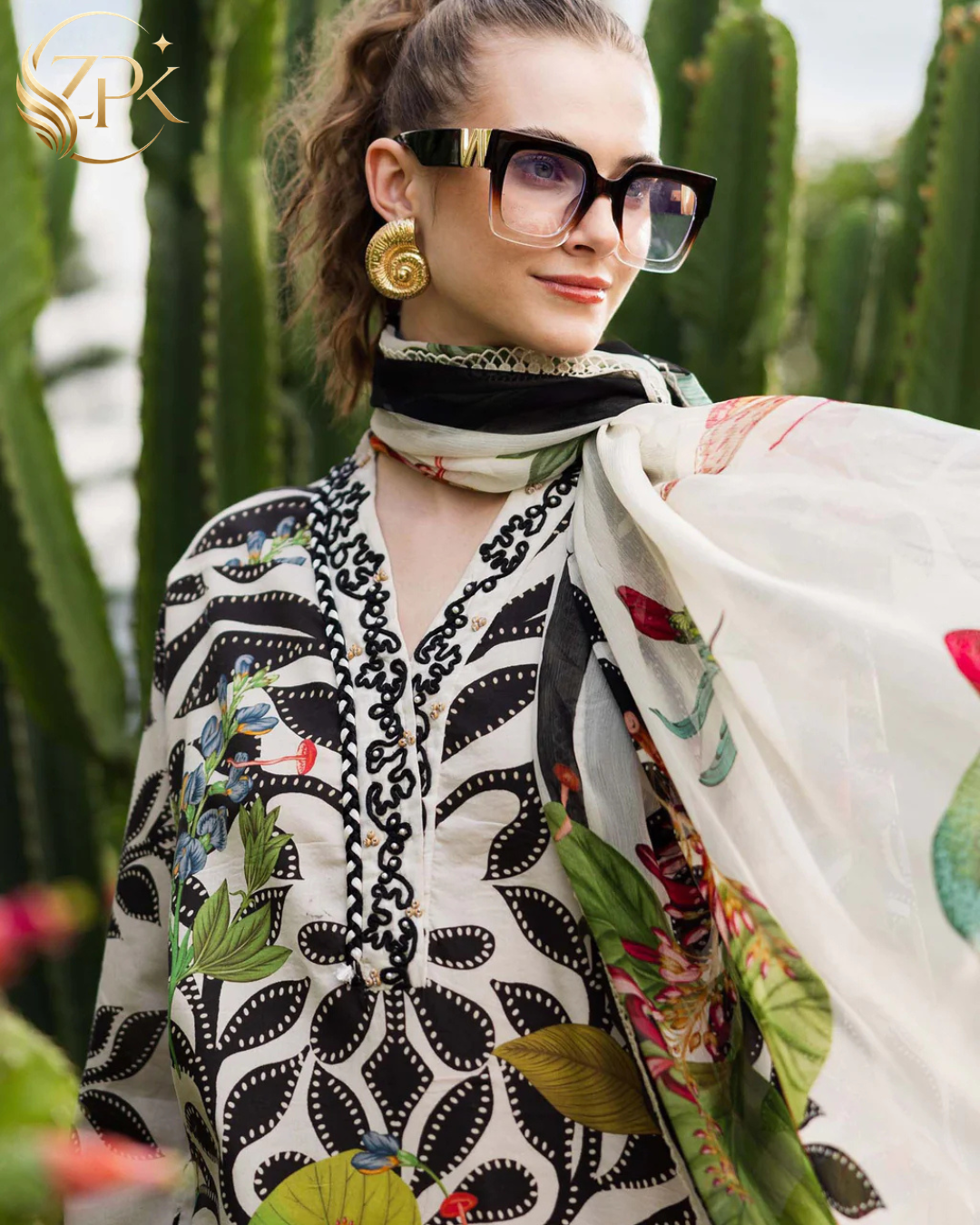 MARIA.B-3PC LAWN DIGITAL PRINTED EMB SHIRT WITH SILK PRINTED DUPATTA AND DYED TROUSER-ZPK-047