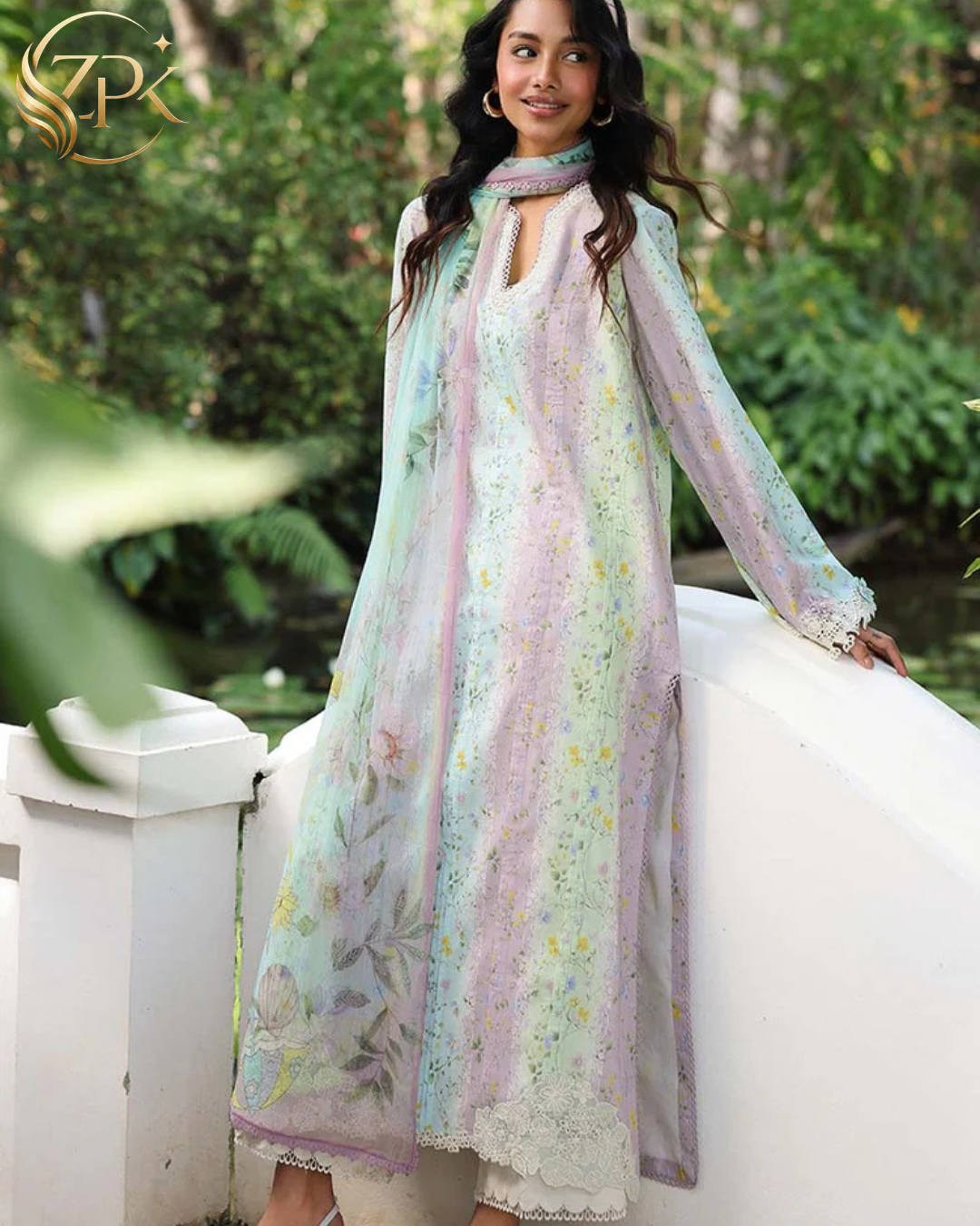 QALAMQAR-3PC LAWN PRINTED EMB SHIRT WITH SILK PRINTED DUPATTA AND TROUSER-ZPK-042