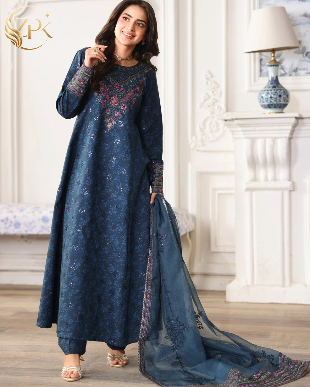 MOHAGNI-3PC LAWN PRINTED EMBROIDERED SHIRT WITH PRINT TROUSER AND ORGANZA EMBROIDERED DUPATTA -ZPK-004