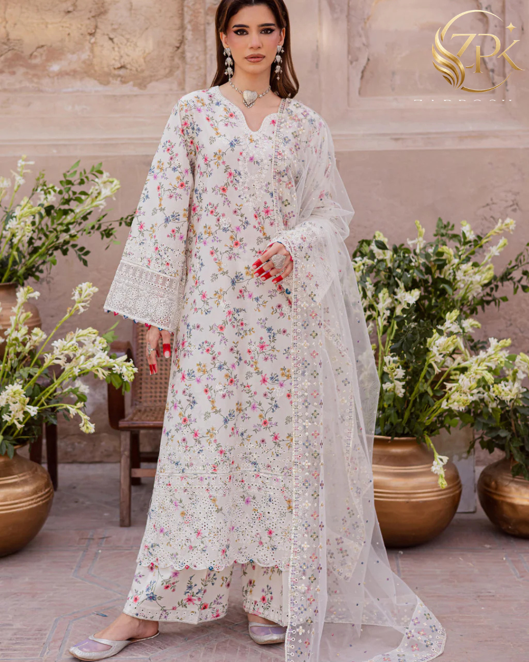 BATIK-3PC LAWN SCHIFFLI EMBROIDERED PRINTED SHIRT WITH ORGANZA EMBROIDERED DUPATTA AND PRINTED TROUSER-ZPK-015