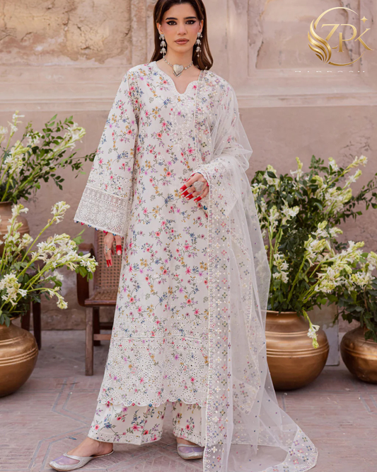 BATIK-3PC LAWN SCHIFFLI EMBROIDERED PRINTED SHIRT WITH ORGANZA EMBROIDERED DUPATTA AND PRINTED TROUSER-ZPK-015