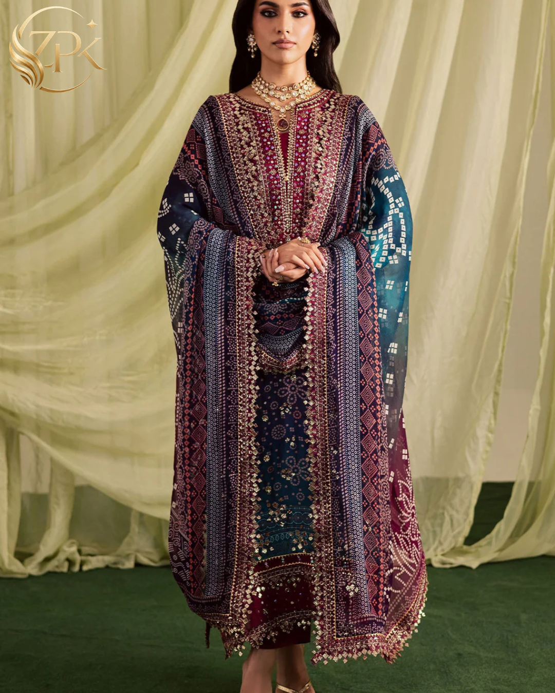 NUREH-3PC LAWN DIGITAL PRINTED EMBROIDERED SHIRT WITH CHUNRI PRINTED EMB DUPATTA AND DYED TROUSER-ZPK-018