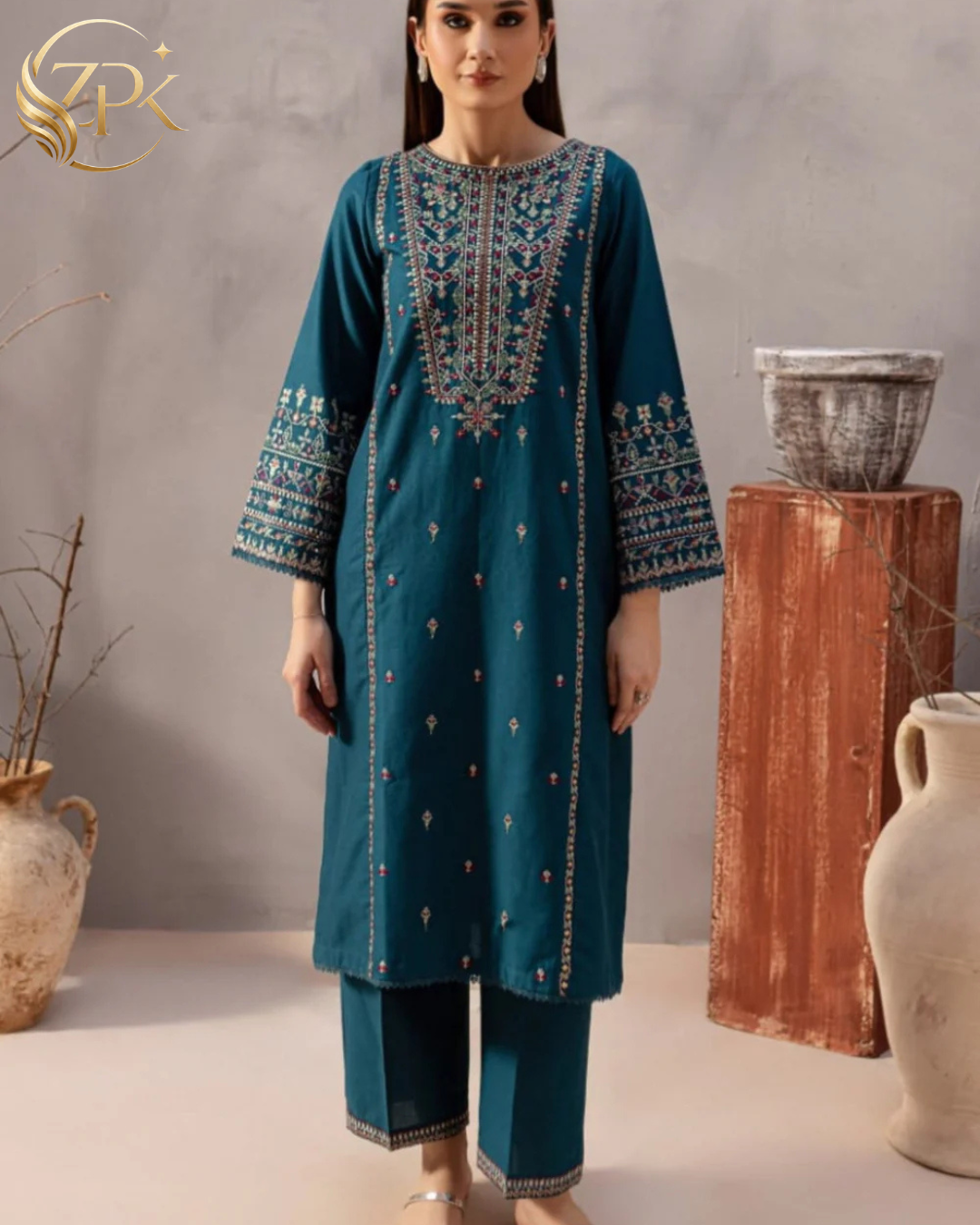 BATIK-BLUE PEARL 2PC- EMBROIDERED SHIRT WITH TROUSER-ZPK-223