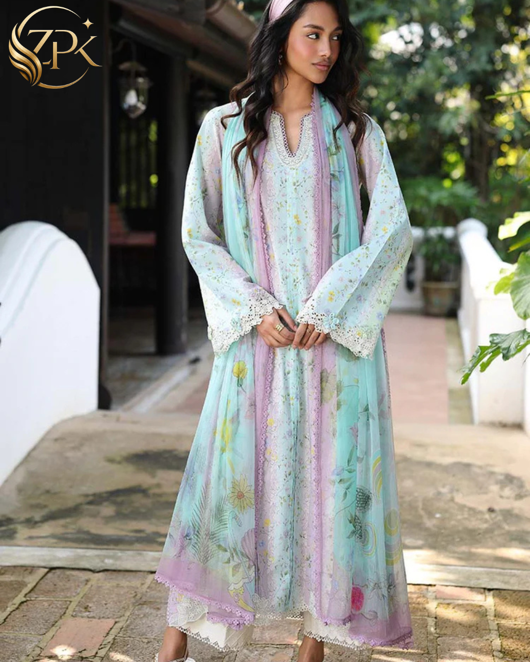 QALAMQAR-3PC LAWN PRINTED EMB SHIRT WITH SILK PRINTED DUPATTA AND TROUSER-ZPK-042