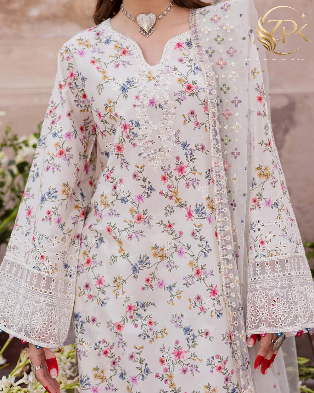 BATIK-3PC LAWN SCHIFFLI EMBROIDERED PRINTED SHIRT WITH ORGANZA EMBROIDERED DUPATTA AND PRINTED TROUSER-ZPK-015