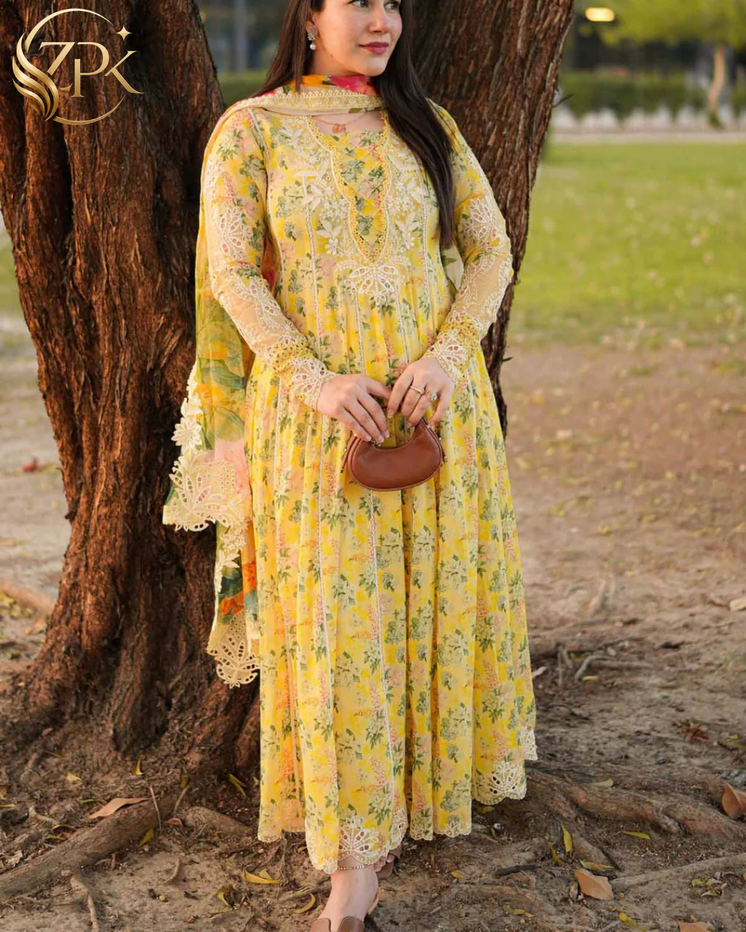 ANEELAS-3PC LAWN PRINTED EMB FROCK WITH SILK PRINTED EMB DUPATTA AND DYED TROUSER-ZPK-038