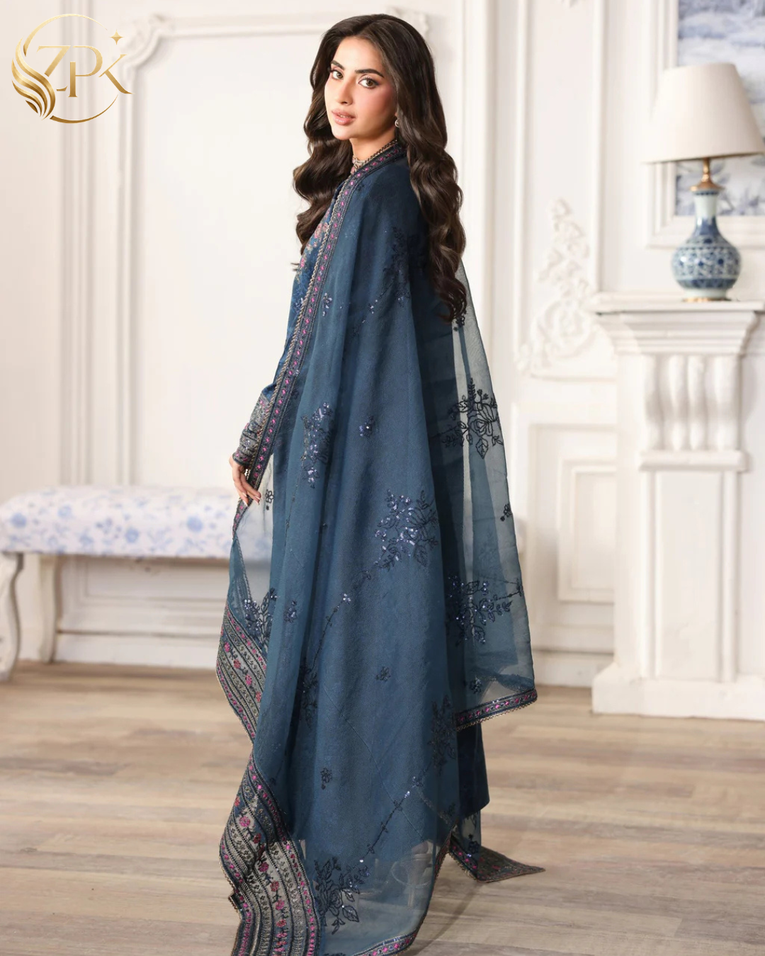MOHAGNI-3PC LAWN PRINTED EMBROIDERED SHIRT WITH PRINT TROUSER AND ORGANZA EMBROIDERED DUPATTA -ZPK-004