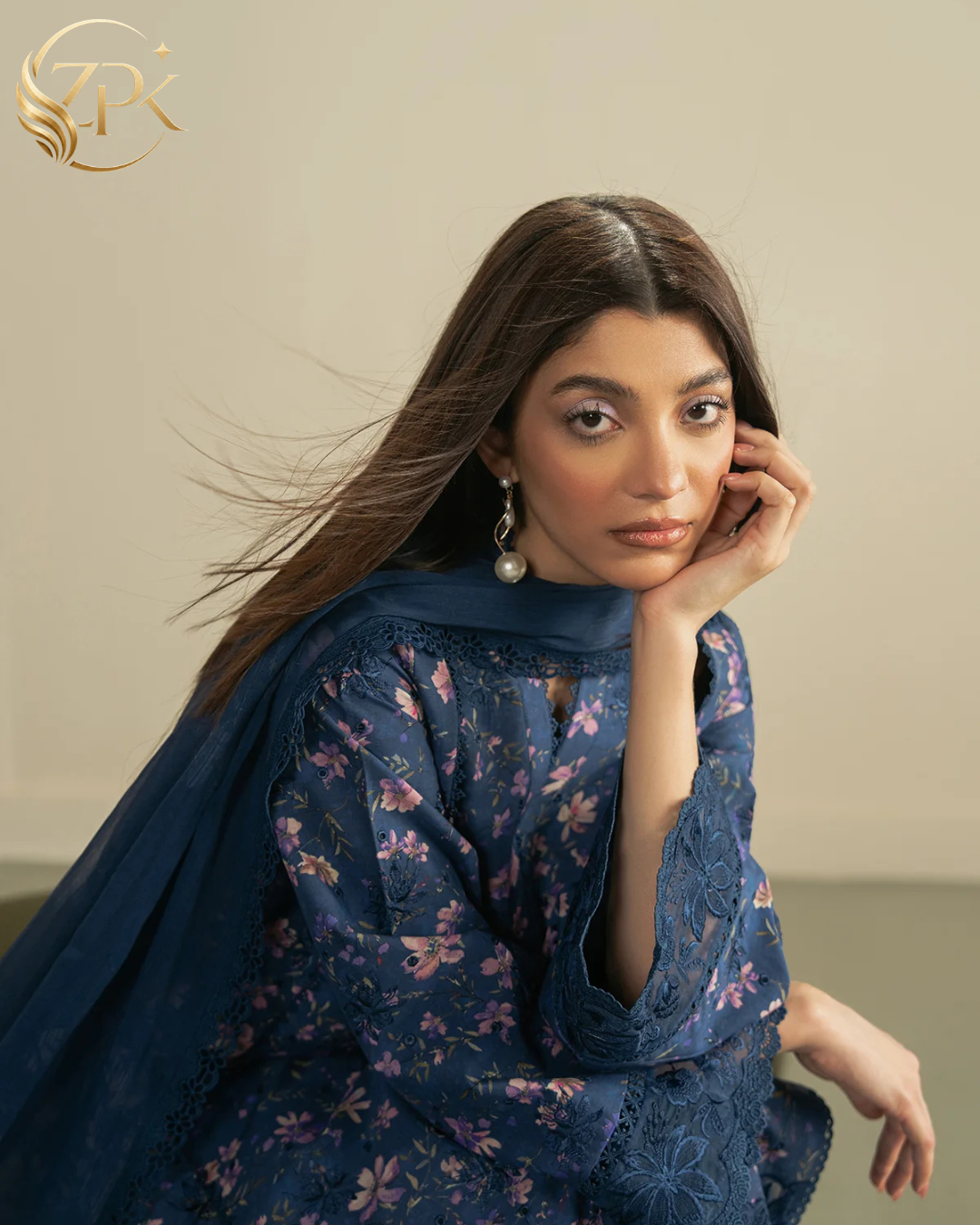 AYZEL-3PC LAWN PRINTED EMB SHIRT WITH SILK PRINTED DUPATTA AND DYED TROUSER-ZPK-053