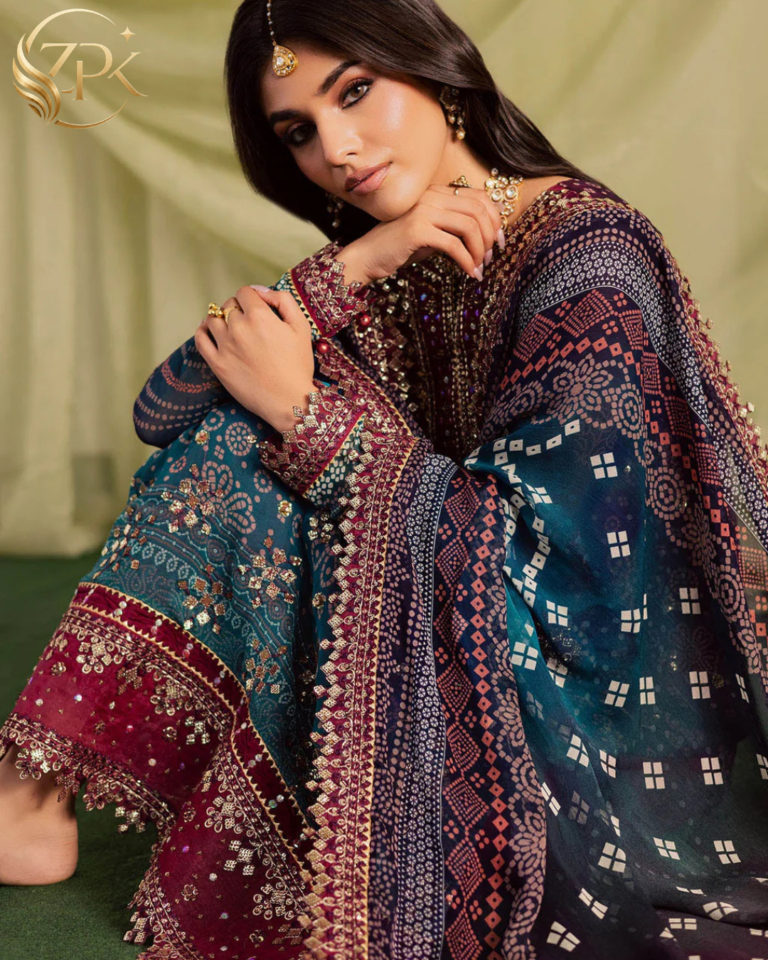 NUREH-3PC LAWN DIGITAL PRINTED EMBROIDERED SHIRT WITH CHUNRI PRINTED EMB DUPATTA AND DYED TROUSER-ZPK-018