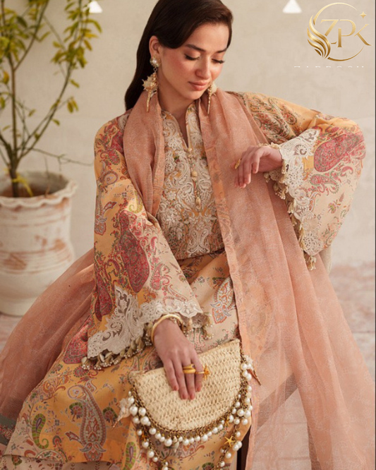 BAROQUE-3PC LAWN DIGITAL PRINTED EMB SHIRT WITH SILK PRINTED EMB DUPATTA AND PRINTED TROUSER-ZPK-014