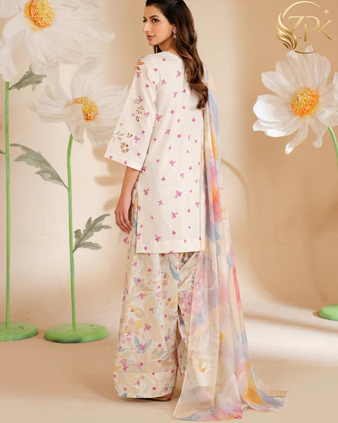 IZNIK-3PC LAWN PRINTED EMB SHIRT WITH SILK PRINTED DUPATTA AND PRINTED TROUSER-ZPK-052