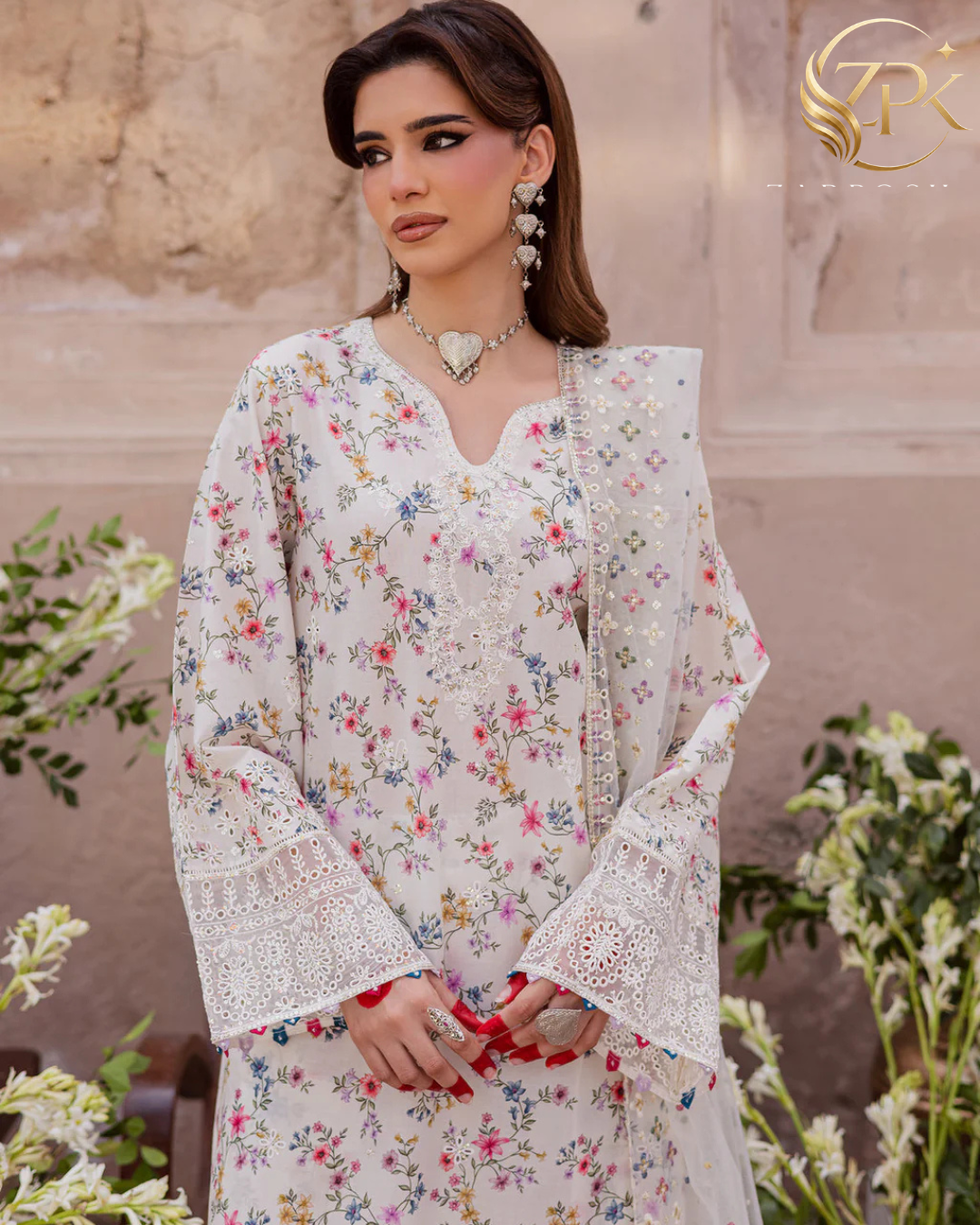 BATIK-3PC LAWN SCHIFFLI EMBROIDERED PRINTED SHIRT WITH ORGANZA EMBROIDERED DUPATTA AND PRINTED TROUSER-ZPK-015