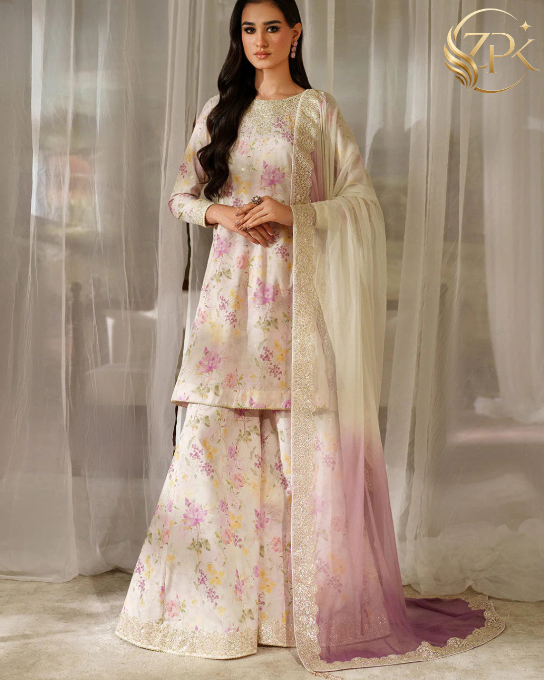IZNIK-3PC LAWN DIGITAL PRINTED EMB SHIRT WITH SILK TYE&DYE EMB DUPATTA AND PRINTED TROUSER-ZPK-027