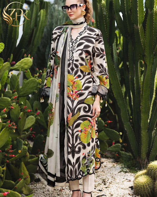 MARIA.B-3PC LAWN DIGITAL PRINTED EMB SHIRT WITH SILK PRINTED DUPATTA AND DYED TROUSER-ZPK-047