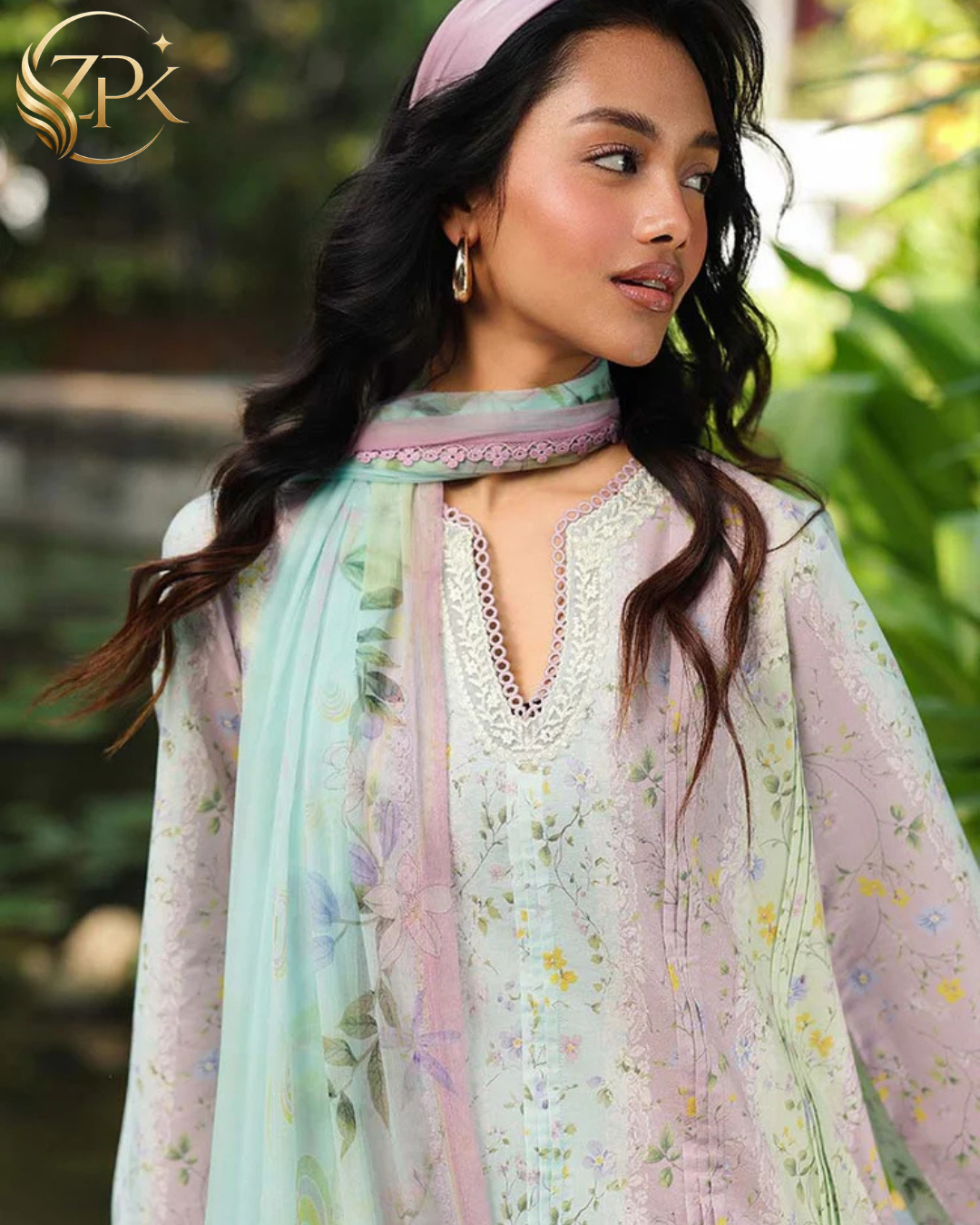 QALAMQAR-3PC LAWN PRINTED EMB SHIRT WITH SILK PRINTED DUPATTA AND TROUSER-ZPK-042