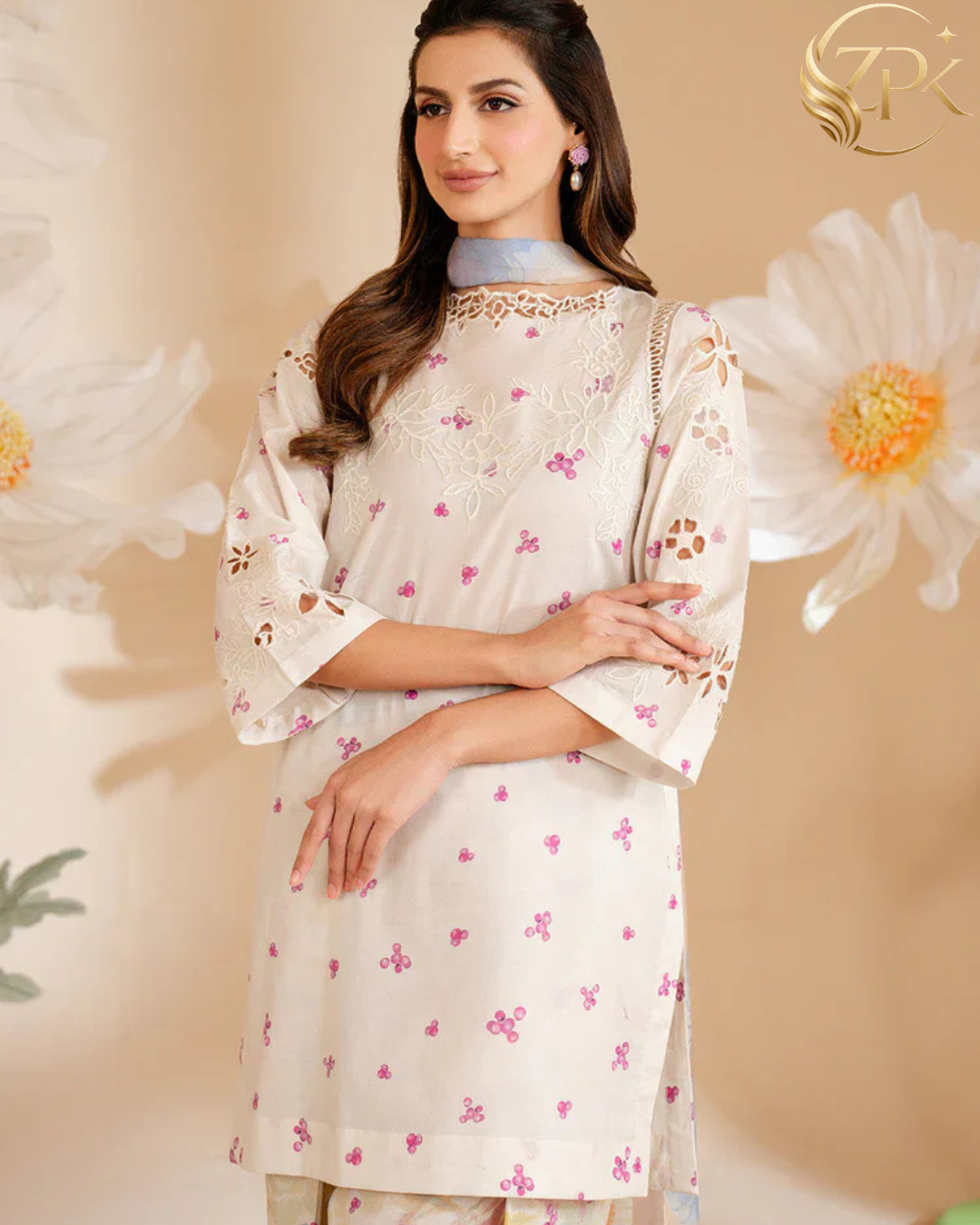 IZNIK-3PC LAWN PRINTED EMB SHIRT WITH SILK PRINTED DUPATTA AND PRINTED TROUSER-ZPK-052