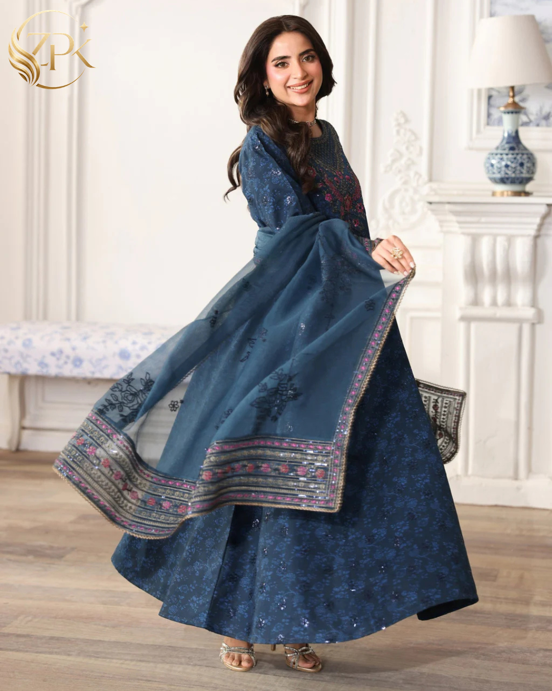 MOHAGNI-3PC LAWN PRINTED EMBROIDERED SHIRT WITH PRINT TROUSER AND ORGANZA EMBROIDERED DUPATTA -ZPK-004