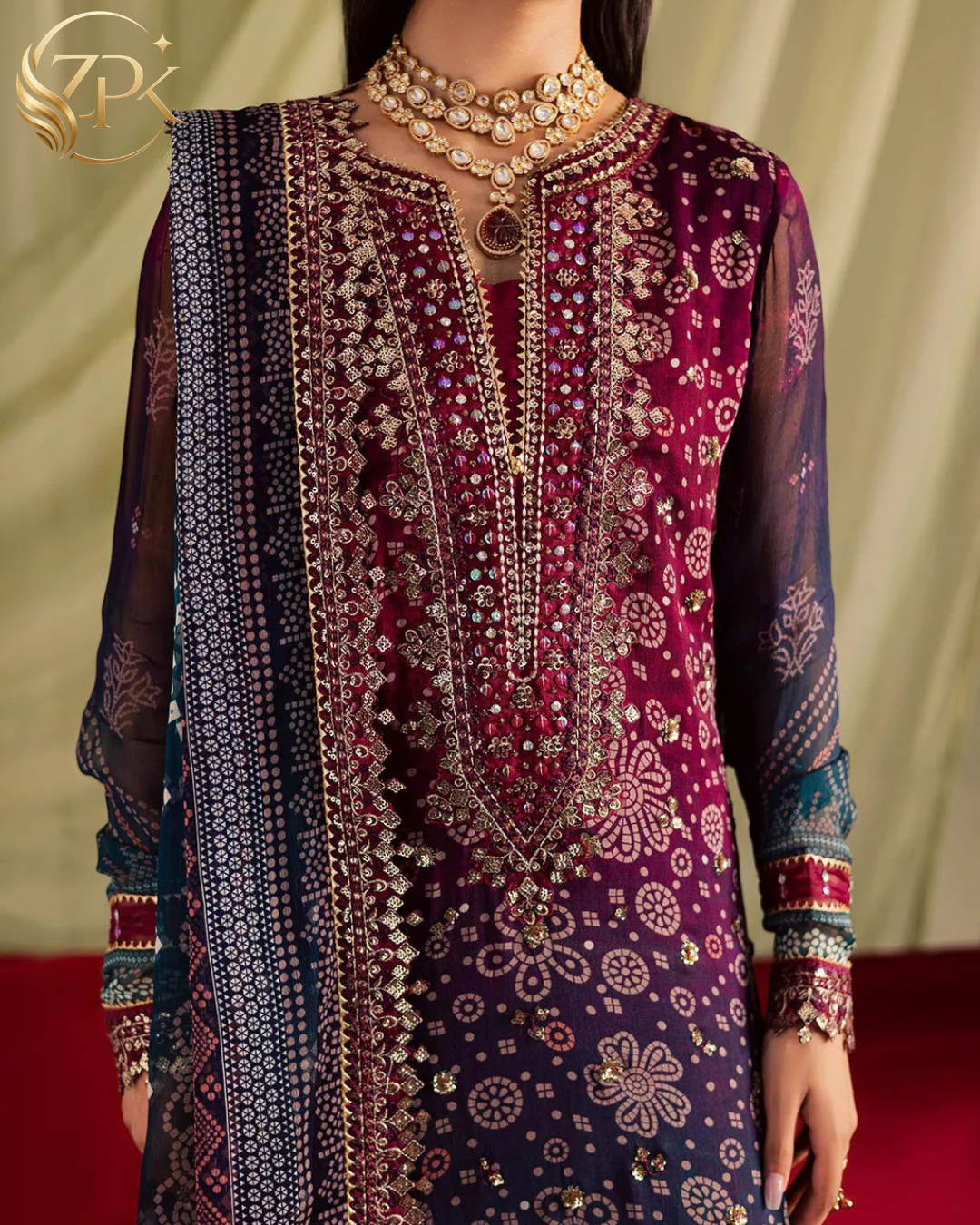 NUREH-3PC LAWN DIGITAL PRINTED EMBROIDERED SHIRT WITH CHUNRI PRINTED EMB DUPATTA AND DYED TROUSER-ZPK-018