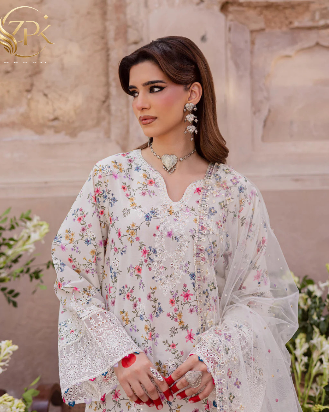 BATIK-3PC LAWN SCHIFFLI EMBROIDERED PRINTED SHIRT WITH ORGANZA EMBROIDERED DUPATTA AND PRINTED TROUSER-ZPK-015