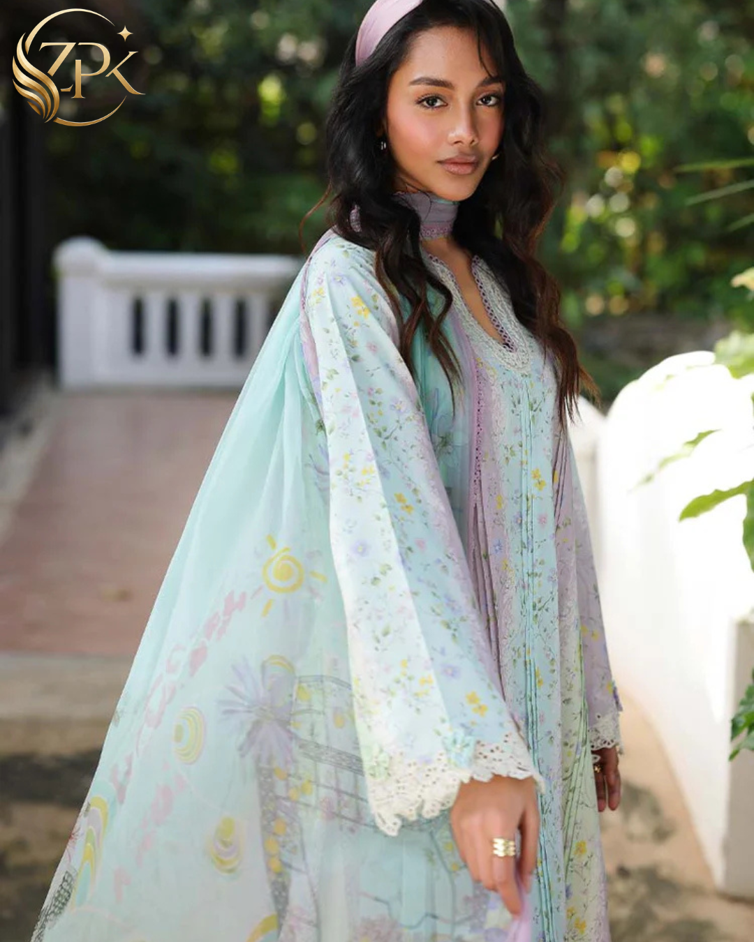 QALAMQAR-3PC LAWN PRINTED EMB SHIRT WITH SILK PRINTED DUPATTA AND TROUSER-ZPK-042