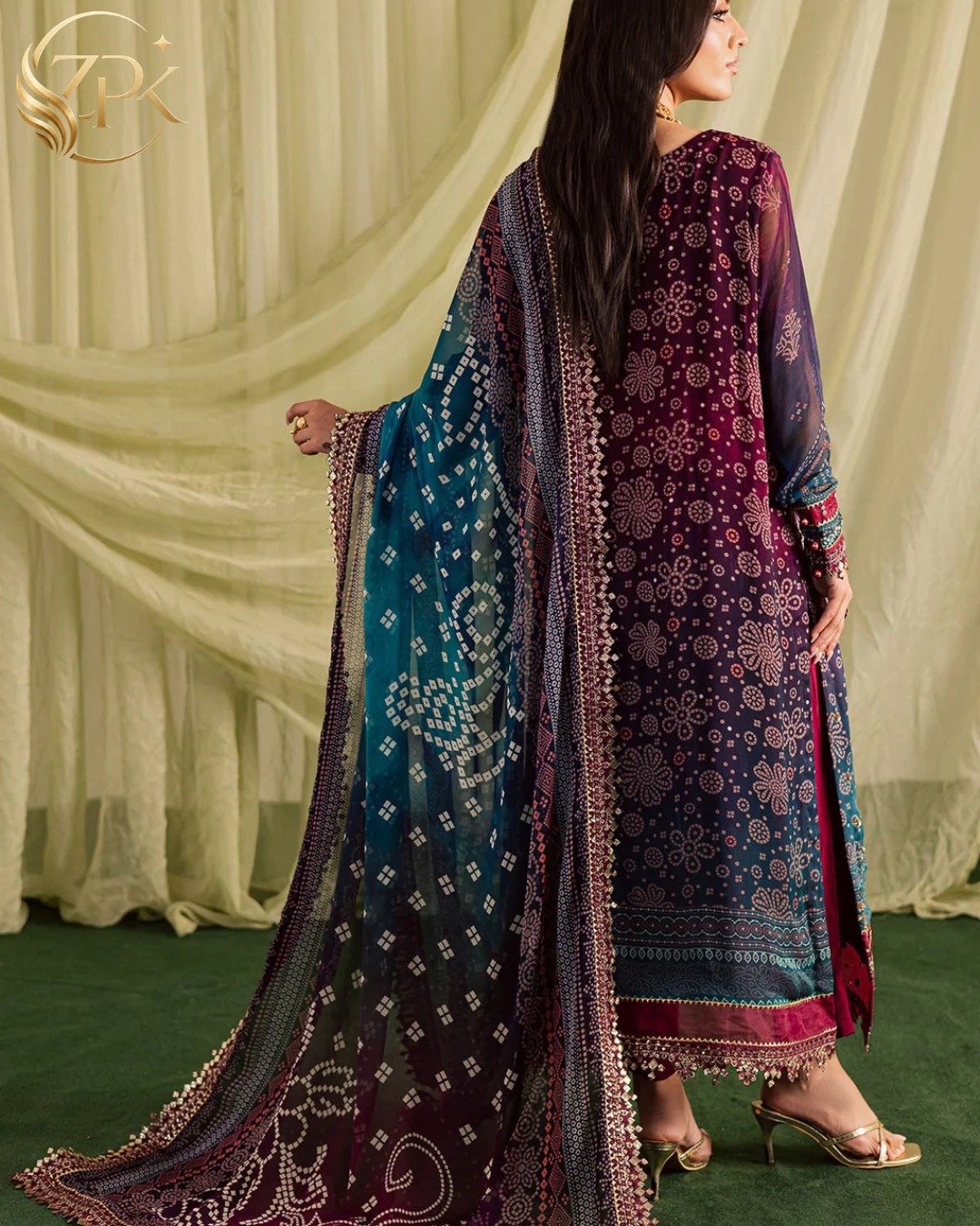 NUREH-3PC LAWN DIGITAL PRINTED EMBROIDERED SHIRT WITH CHUNRI PRINTED EMB DUPATTA AND DYED TROUSER-ZPK-018