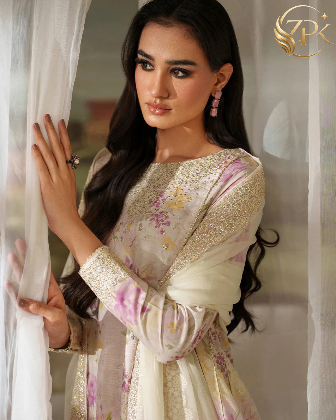 IZNIK-3PC LAWN DIGITAL PRINTED EMB SHIRT WITH SILK TYE&DYE EMB DUPATTA AND PRINTED TROUSER-ZPK-027