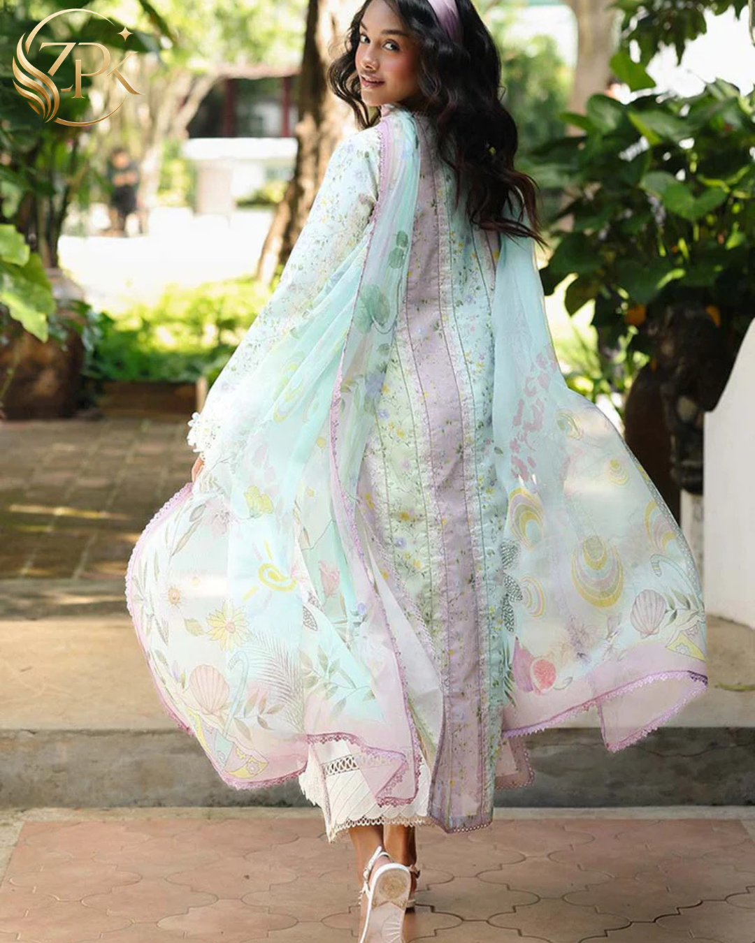 QALAMQAR-3PC LAWN PRINTED EMB SHIRT WITH SILK PRINTED DUPATTA AND TROUSER-ZPK-042
