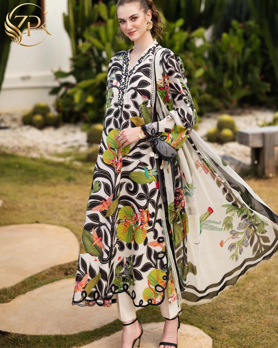 MARIA.B-3PC LAWN DIGITAL PRINTED EMB SHIRT WITH SILK PRINTED DUPATTA AND DYED TROUSER-ZPK-047