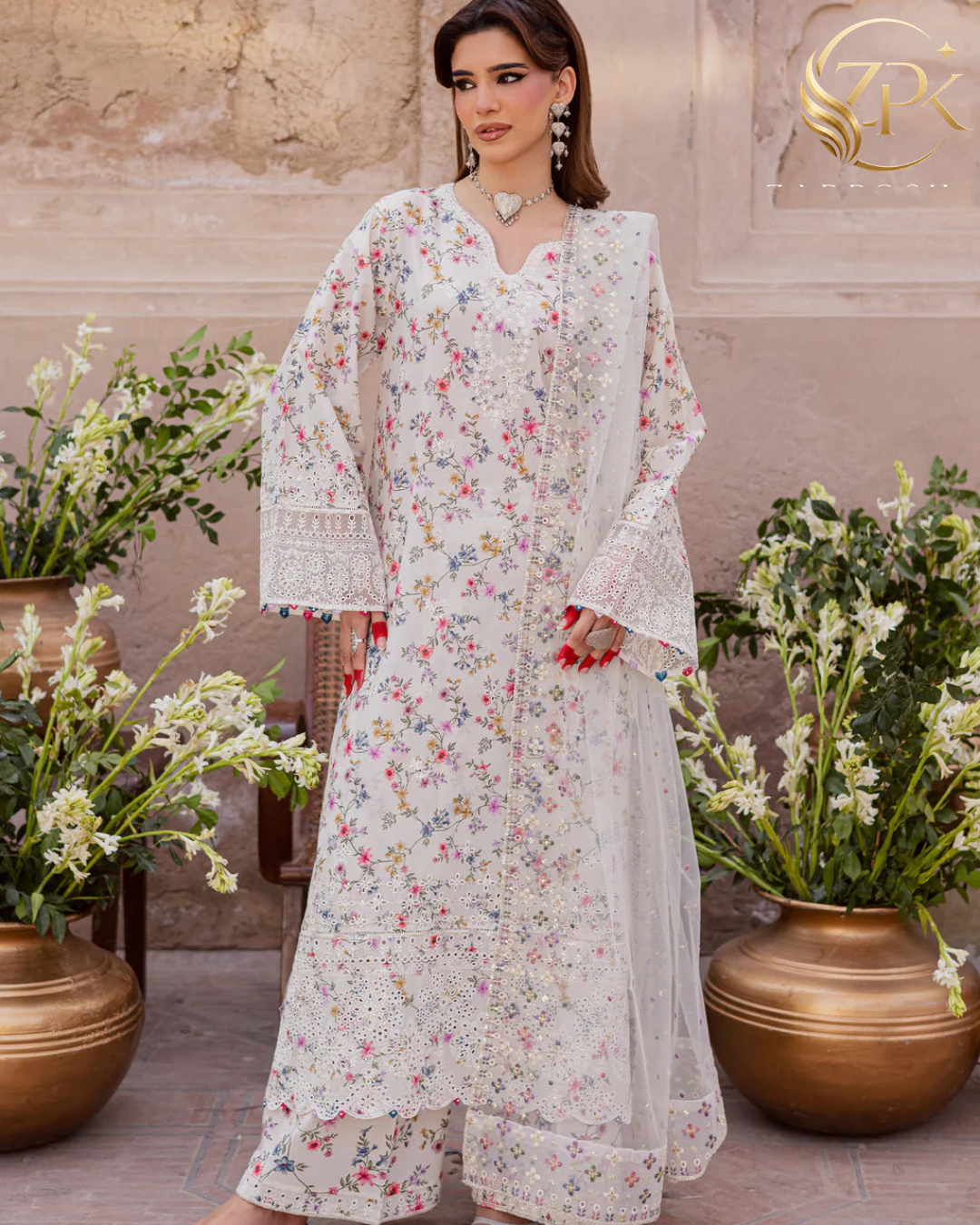BATIK-3PC LAWN SCHIFFLI EMBROIDERED PRINTED SHIRT WITH ORGANZA EMBROIDERED DUPATTA AND PRINTED TROUSER-ZPK-015