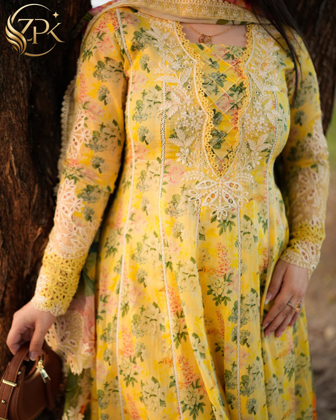 ANEELAS-3PC LAWN PRINTED EMB FROCK WITH SILK PRINTED EMB DUPATTA AND DYED TROUSER-ZPK-038