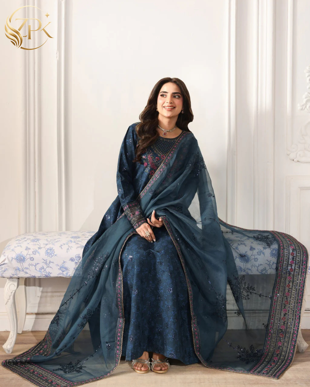MOHAGNI-3PC LAWN PRINTED EMBROIDERED SHIRT WITH PRINT TROUSER AND ORGANZA EMBROIDERED DUPATTA -ZPK-004