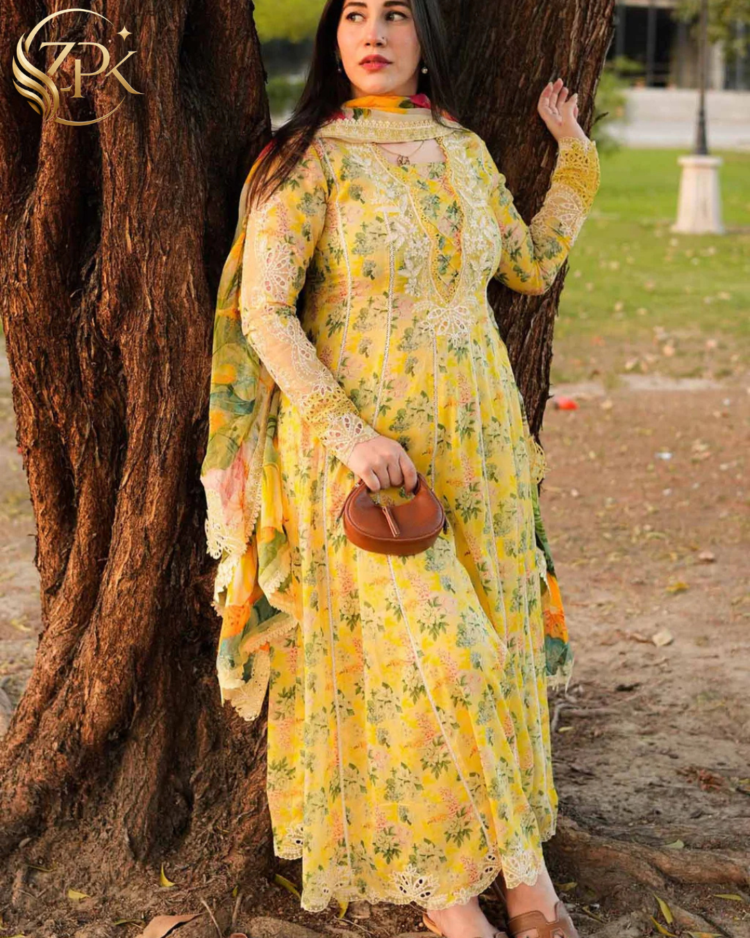 ANEELAS-3PC LAWN PRINTED EMB FROCK WITH SILK PRINTED EMB DUPATTA AND DYED TROUSER-ZPK-038