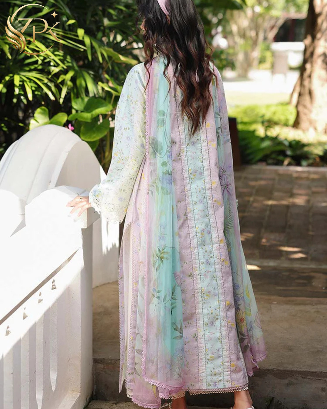 QALAMQAR-3PC LAWN PRINTED EMB SHIRT WITH SILK PRINTED DUPATTA AND TROUSER-ZPK-042