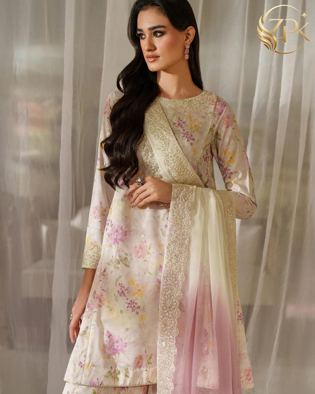 IZNIK-3PC LAWN DIGITAL PRINTED EMB SHIRT WITH SILK TYE&DYE EMB DUPATTA AND PRINTED TROUSER-ZPK-027