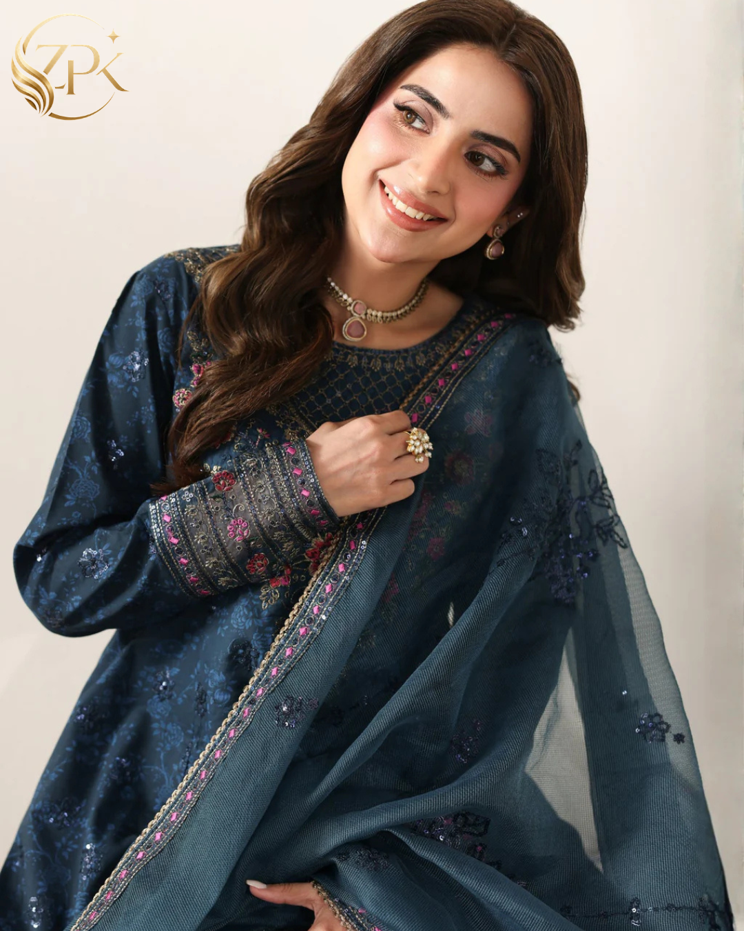MOHAGNI-3PC LAWN PRINTED EMBROIDERED SHIRT WITH PRINT TROUSER AND ORGANZA EMBROIDERED DUPATTA -ZPK-004
