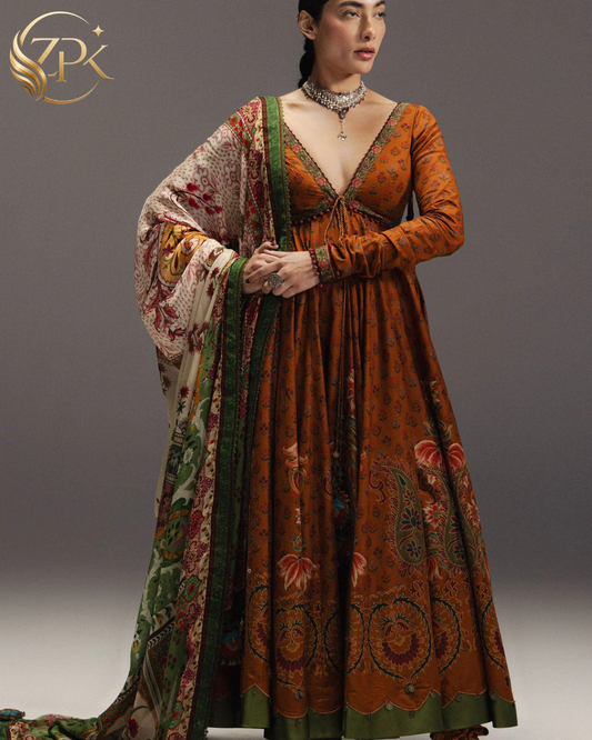 ZARA SHAH JAHAN-3PC DIGITAL PRINTED FROCK WITH SILK PRINTED DUPATTA & DYED TROUSER-ZPK-062