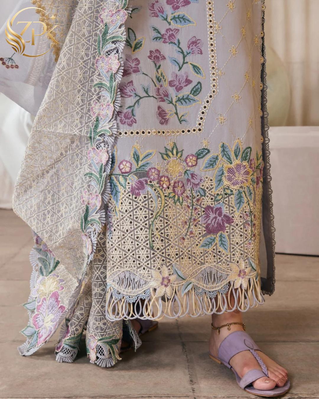 MARYAM HUSSAIN-3PC LAWN EMBROIDERED SHIRT WITH KHADDI NET EMB DUPATTA AND TROUSER-ZPK-4913