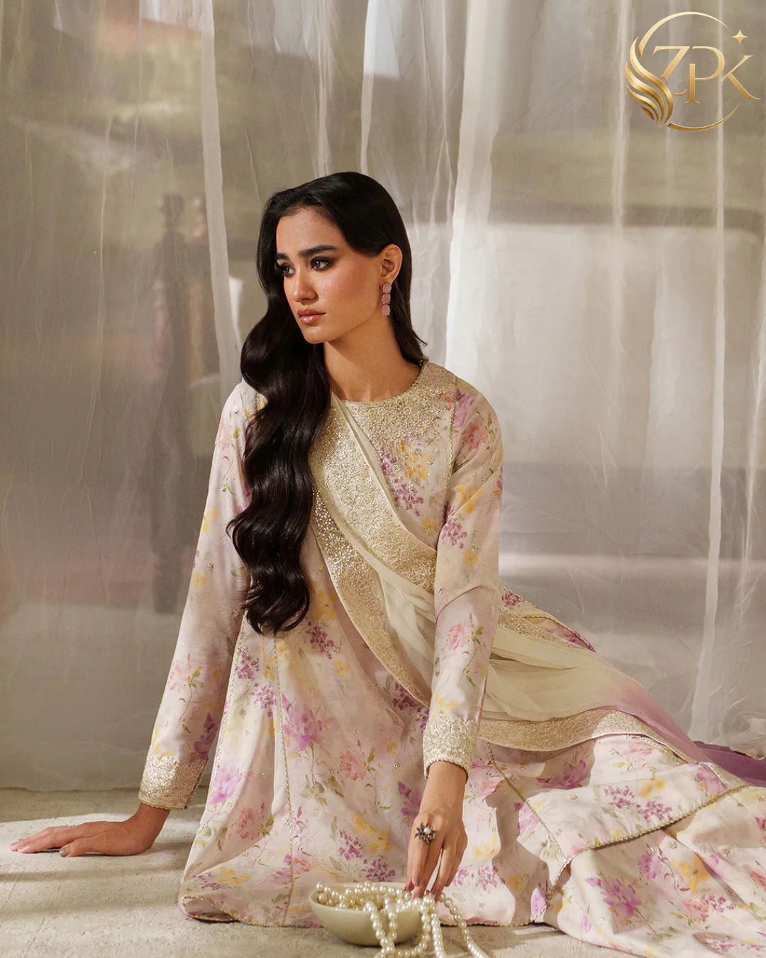IZNIK-3PC LAWN DIGITAL PRINTED EMB SHIRT WITH SILK TYE&DYE EMB DUPATTA AND PRINTED TROUSER-ZPK-027