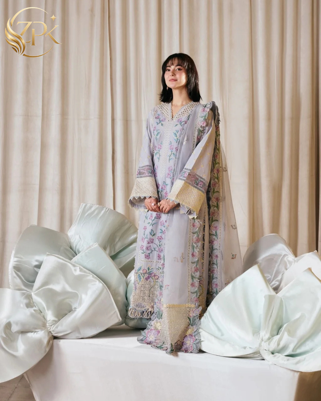 MARYAM HUSSAIN-3PC LAWN EMBROIDERED SHIRT WITH KHADDI NET EMB DUPATTA AND TROUSER-ZPK-4913