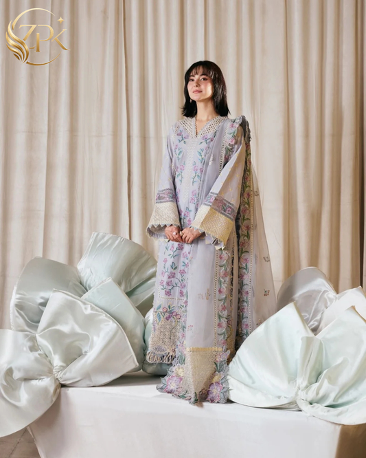 MARYAM HUSSAIN-3PC LAWN EMBROIDERED SHIRT WITH KHADDI NET EMB DUPATTA AND TROUSER-ZPK-4913